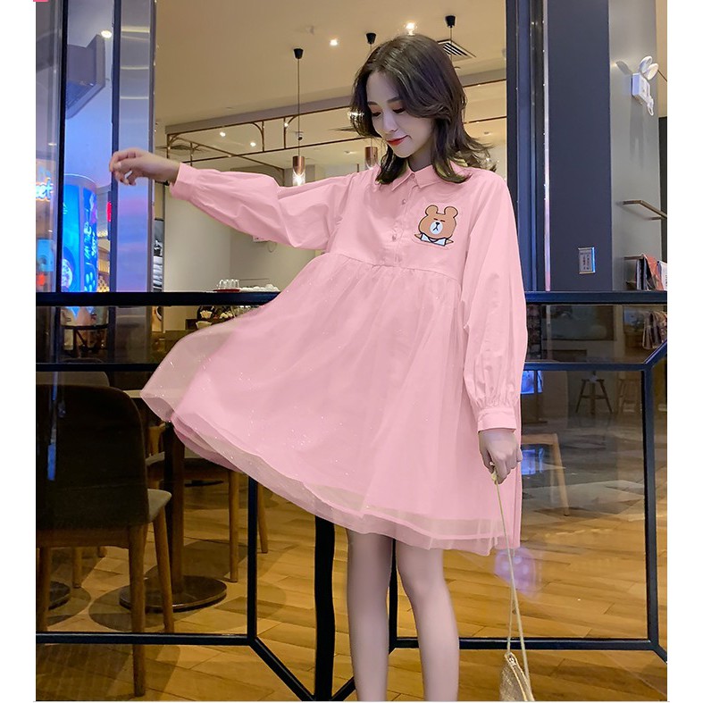 Đầm baby doll lưới 2 mảnh hoạt hình cổ áo sơ mi polo tay dài ulzzang ( 2 màu )