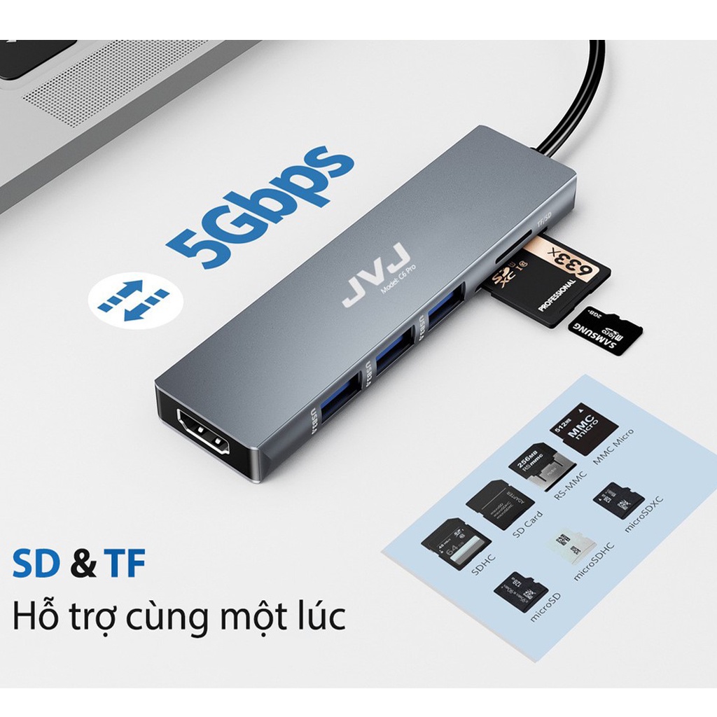 Hub type C Macbook laptop C6 JVJ 6 trong 1, chia cổng USB 3.0 tốc độ 500Mb/s SD, TF, 4K,HDMI, vỏ kim loại