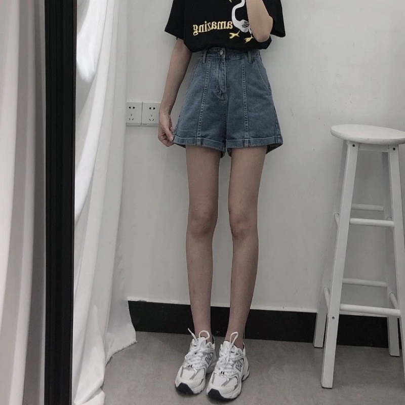 Quần Short Jean Nữ Màu Xanh Basic, Quần Đùi Chất Bò Dáng Ngố Lửng Ống Rộng Có Túi Hai Bên Loại 1 Dày Mịn Tay | WebRaoVat - webraovat.net.vn