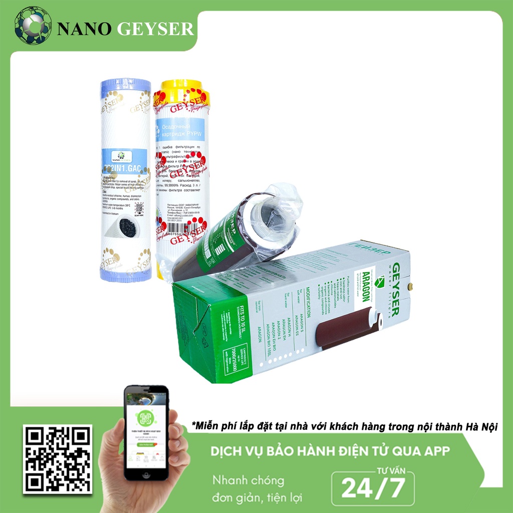 Bộ 3 lõi lọc nước 123 dùng cho các dòng máy NANO, Lõi PP.2in1.GAC, Cation, Aragon Nano Geyser