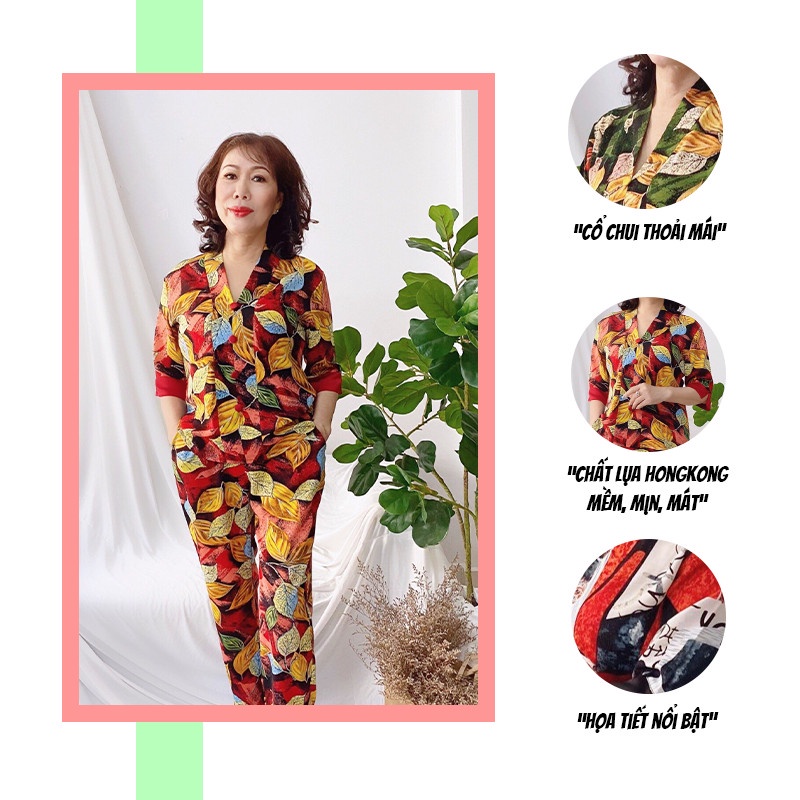 Bộ mặc nhà trung niên SBORG pijama nữ lụa hongkong cao cấp cổ chui tay lửng có túi bigsize từ 50-85kg quà tặng mẹ