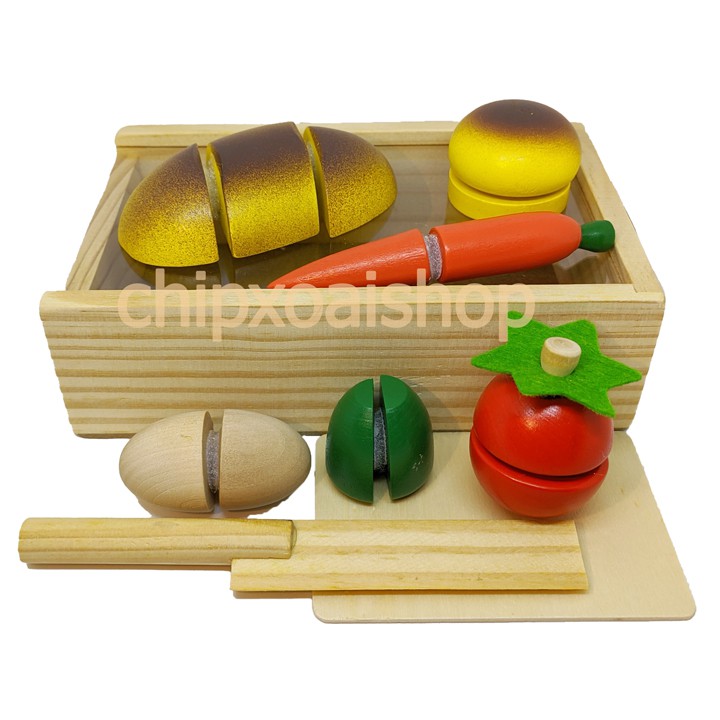 Bộ Cắt Hoa Quả Gỗ Hộp Nắp Trong Suốt Montessori