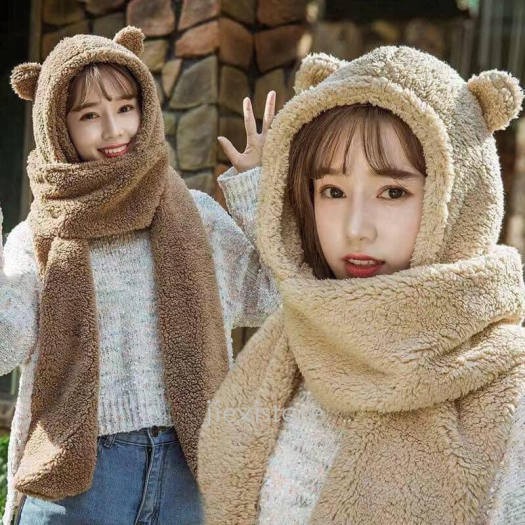 Mũ lông Cừu 3in1 tai gấu kèm khăn quàng cổ và bao tay kiểu dáng hàng quốc, mũ len tai gấu cho bạn gái