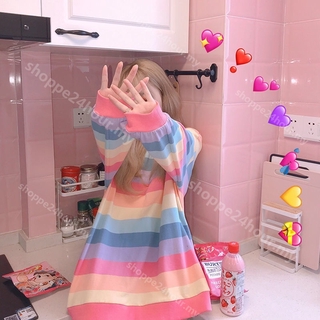 Áo Thun Tay Dài Dáng Rộng Kẻ Sọc Màu Cầu Vồng Kiểu Harajuku Hàn Quốc Thời Trang Thu Đông Cho Nữ