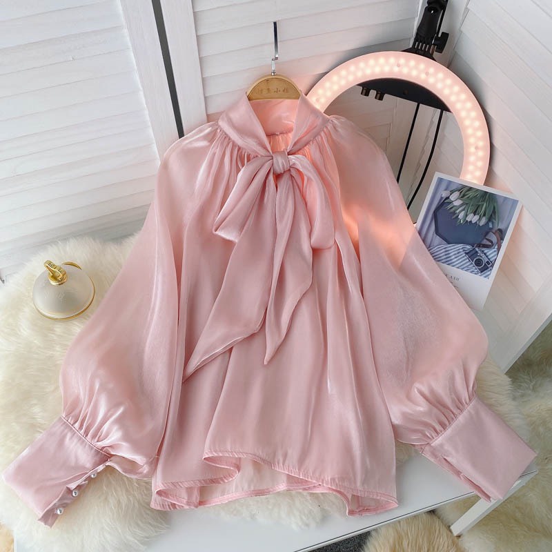 - Áo sơ mi tay bồng cổ nơ tiểu thư ulzzang organza- SM50 - jannahouse