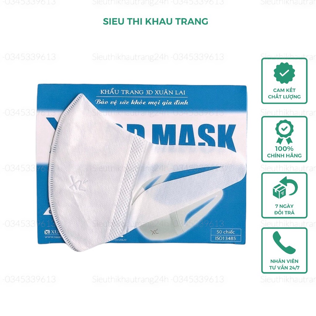 Khẩu Trang 3D Mask Xuân Lai Chính Hãng XL [Freeship] Hộp 50 Chiếc Khẩu Trang Khẩu Trang 3D Trắng From Rộng Không Đau Tai