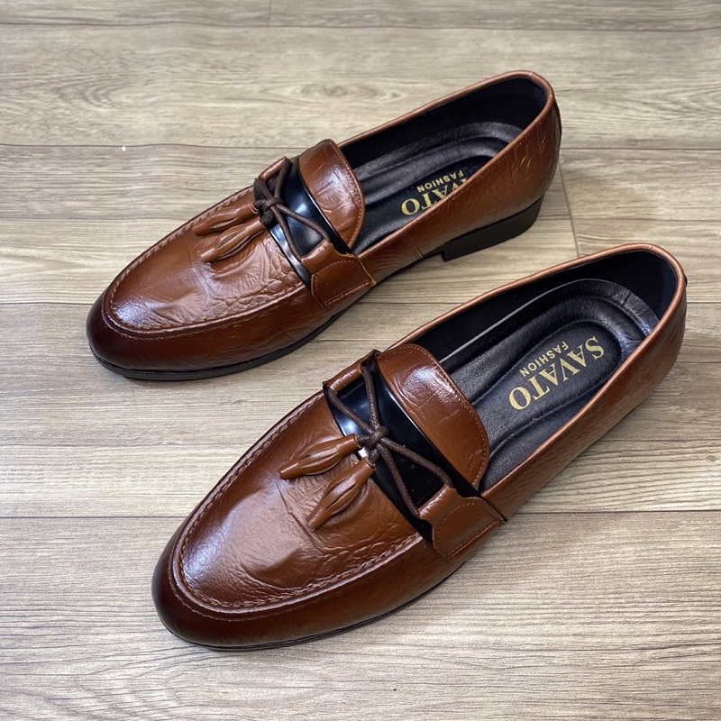Giày lười nam da bò ĐÁNH MÀU CAO CẤP - ĐẾ KHÂU CỰC BỀN ✅ Giày da nam thời trang 🎁 Màu đen-nâu sang trọng