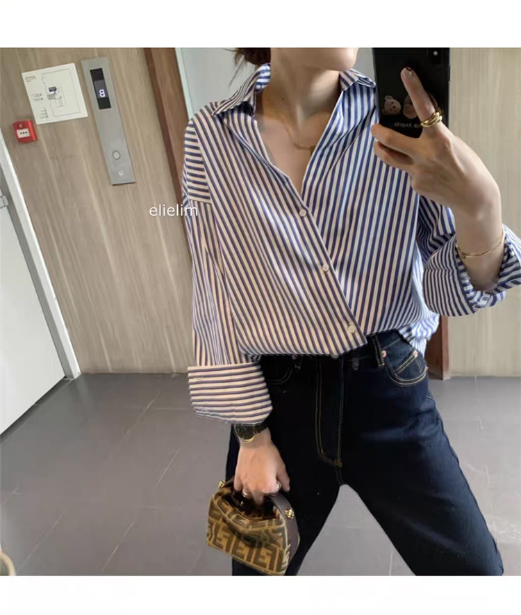 Áo Sơ Mi Tay Dài Form Rộng Họa Tiết Kẻ Sọc Phong Cách Retro