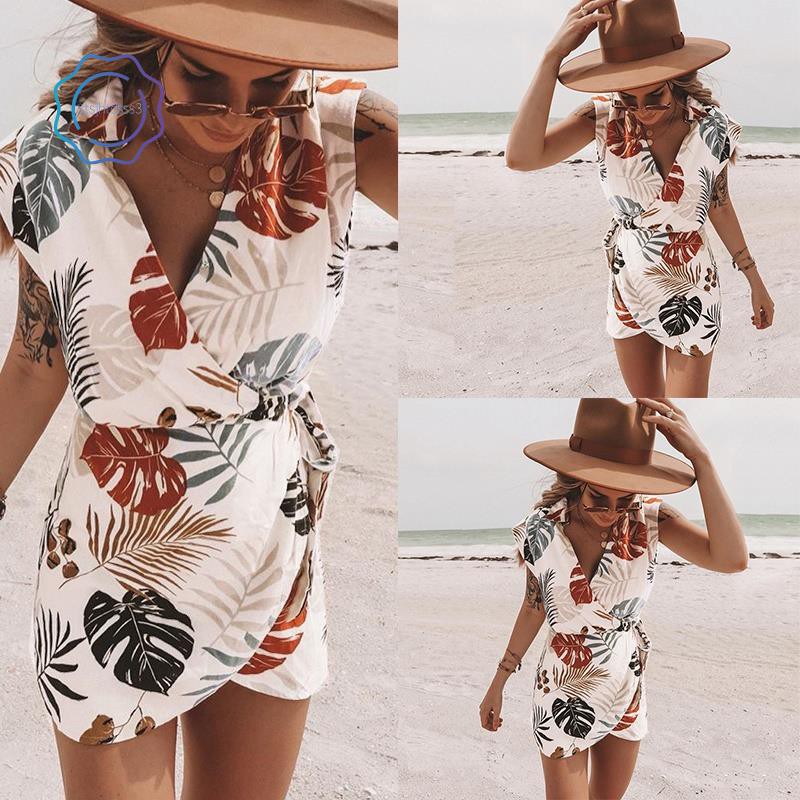 Women Summer Dress Floral Leaves Print Party Clubwear Lace-up Mini Dresses Beach Sundress S