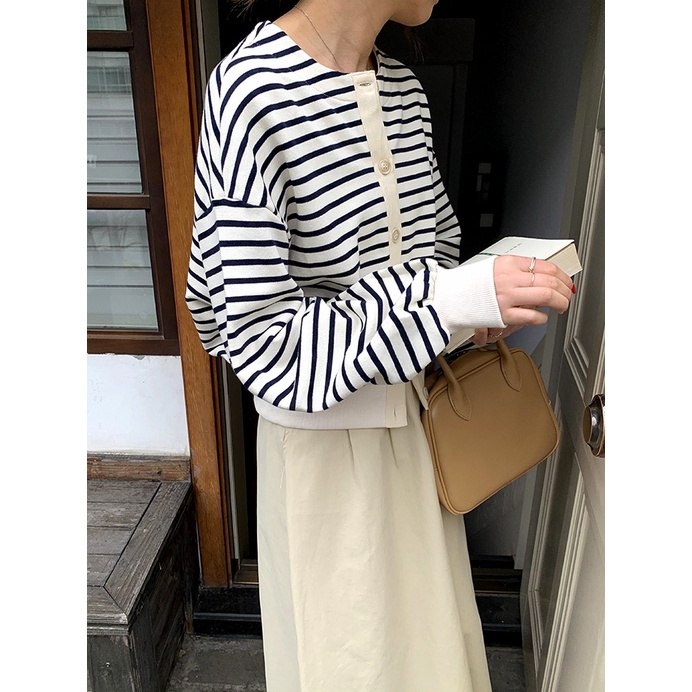 ZHELIHANGFEI Áo Khoác Cardigan Dệt Kim Tay Dài Dáng Rộng Kẻ Sọc Kiểu Retro Đơn Giản