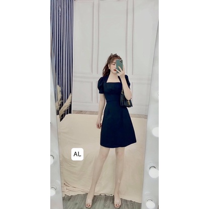 Váy cổ vuông tay bồng rúm sườn 2 màu