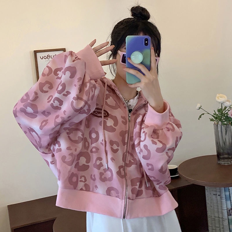 Áo Hoodie Tay Dài Dáng Rộng In Họa Tiết Báo Hồng Phong Cách Hàn Quốc Thời Trang Mùa Thu 2021
