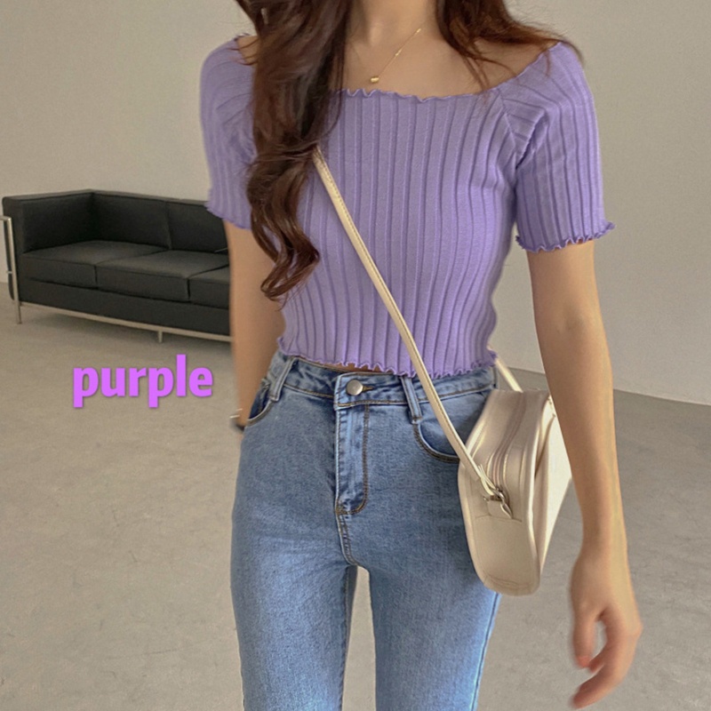Áo Croptop Dệt Kim Trễ Vai Tay Ngắn Dáng Ôm Thời Trang Quyến Rũ Cho Nữ