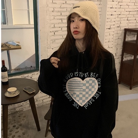 Áo hoodie ZHELIHANGFEI tay dài dáng rộng in họa tiết trái tim tình yêu dễ phối đồ trẻ trung