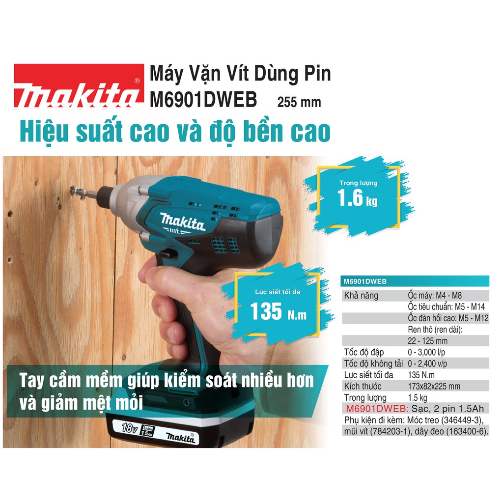 Máy vặn vít dùng pin 18V Makita M6901DWEB (dòng pin tiết kiệm) | DCSG