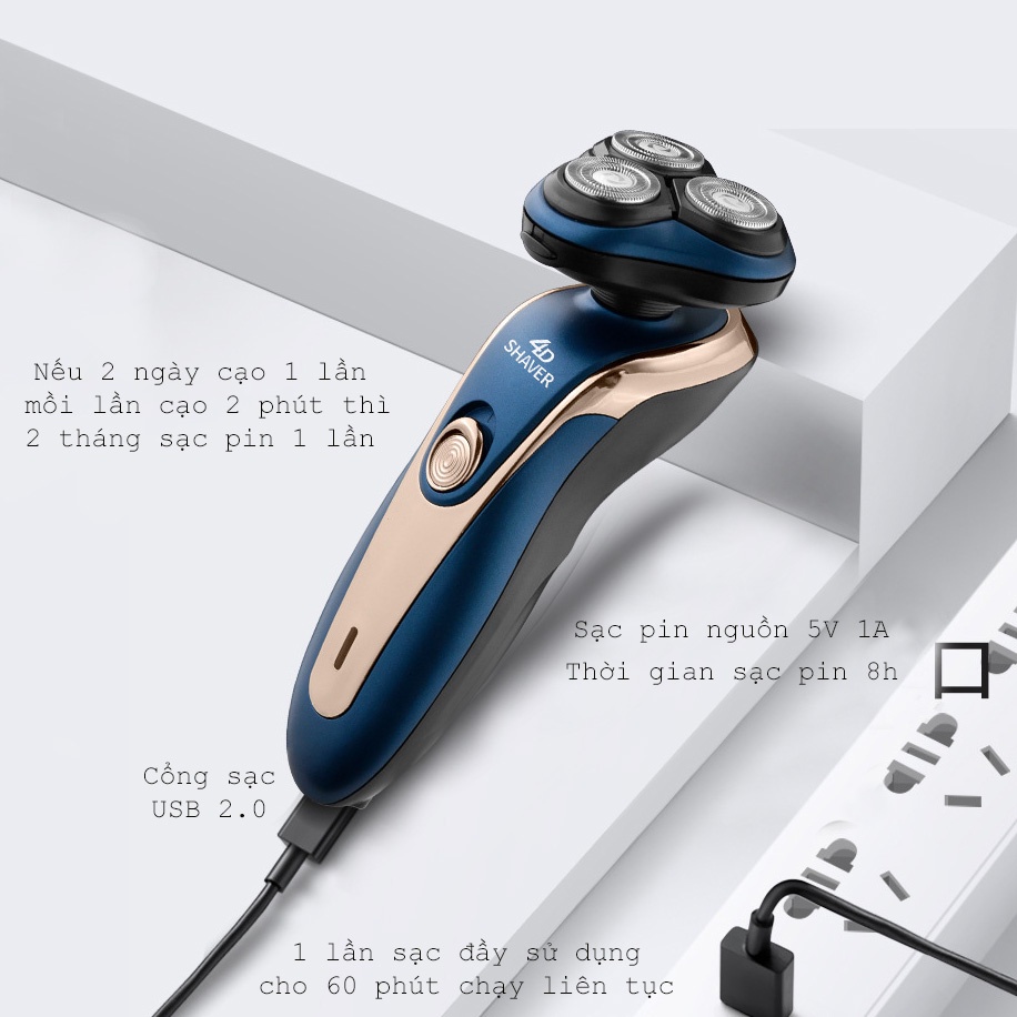 Máy cạo râu nam cầm tay sạc pin 4D SHAVER 3 lưỡi dao mài bén tự động,tháo vệ sinh và thay thế dễ dàng