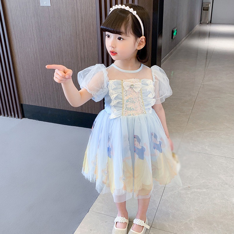 Đầm Công Chúa Tay Ngắn Phối Lưới Đính Nơ Thời Trang Mùa Hè Cho Bé Gái Se7en