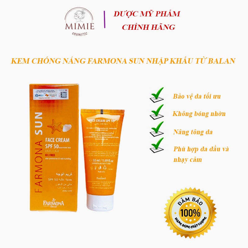 [ CHÍNH HÃNG] Kem Chống Nắng Farmona Sun SPF 50 Chống Nắng Cho Da Nhạy Cảm, Không Gây Kích Ứng, Nâng Tông Da 50ml