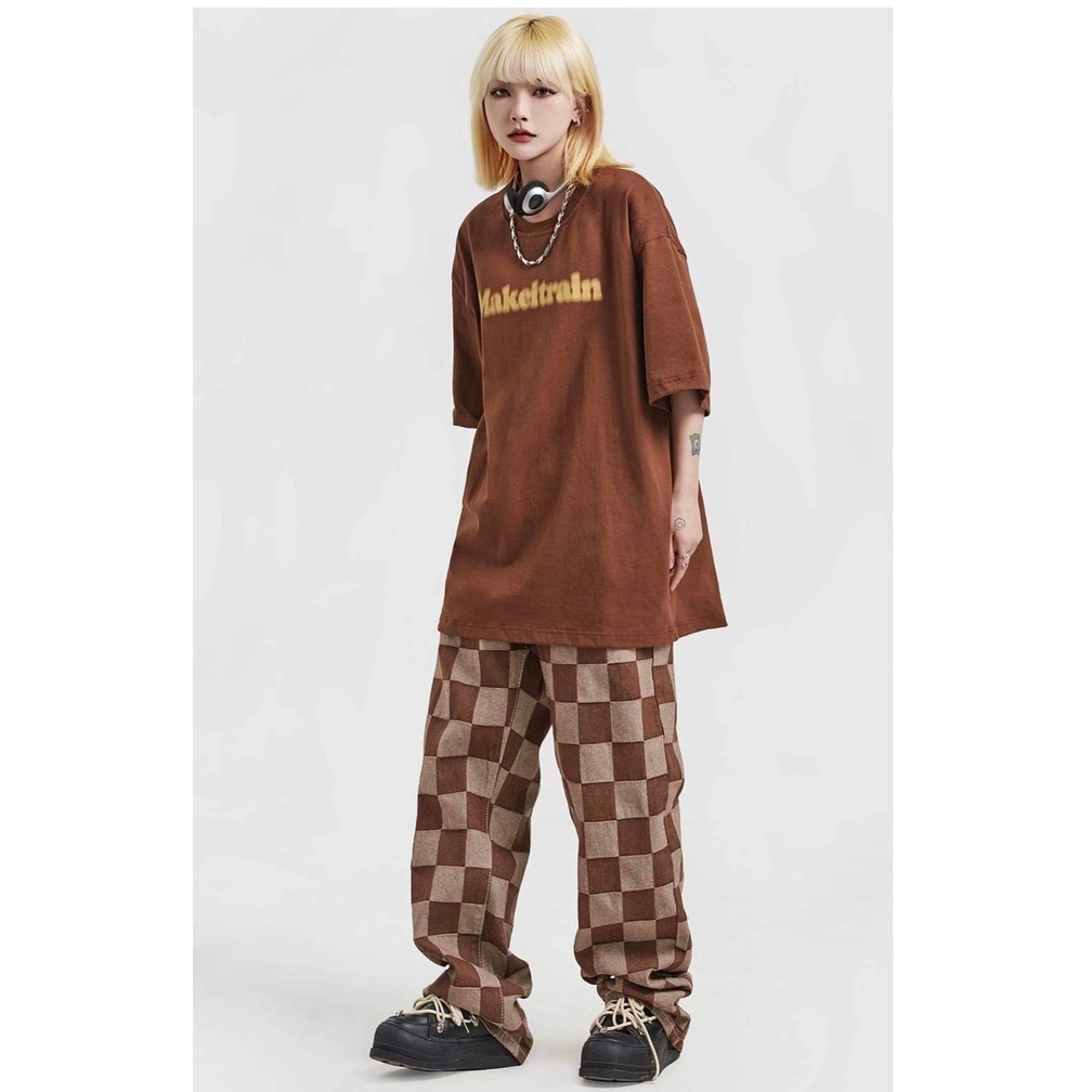 Set Đồ bộ nữ Áo Thun Dáng rộng In chữ MaKeiTrain Kèm Quần Caro Dáng Suông