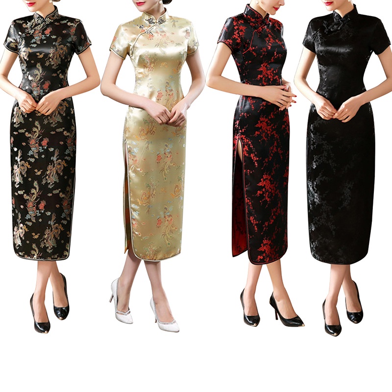 Sườn xám Trung Hoa xẻ tà thêu hoa thanh lịch cho nữ
