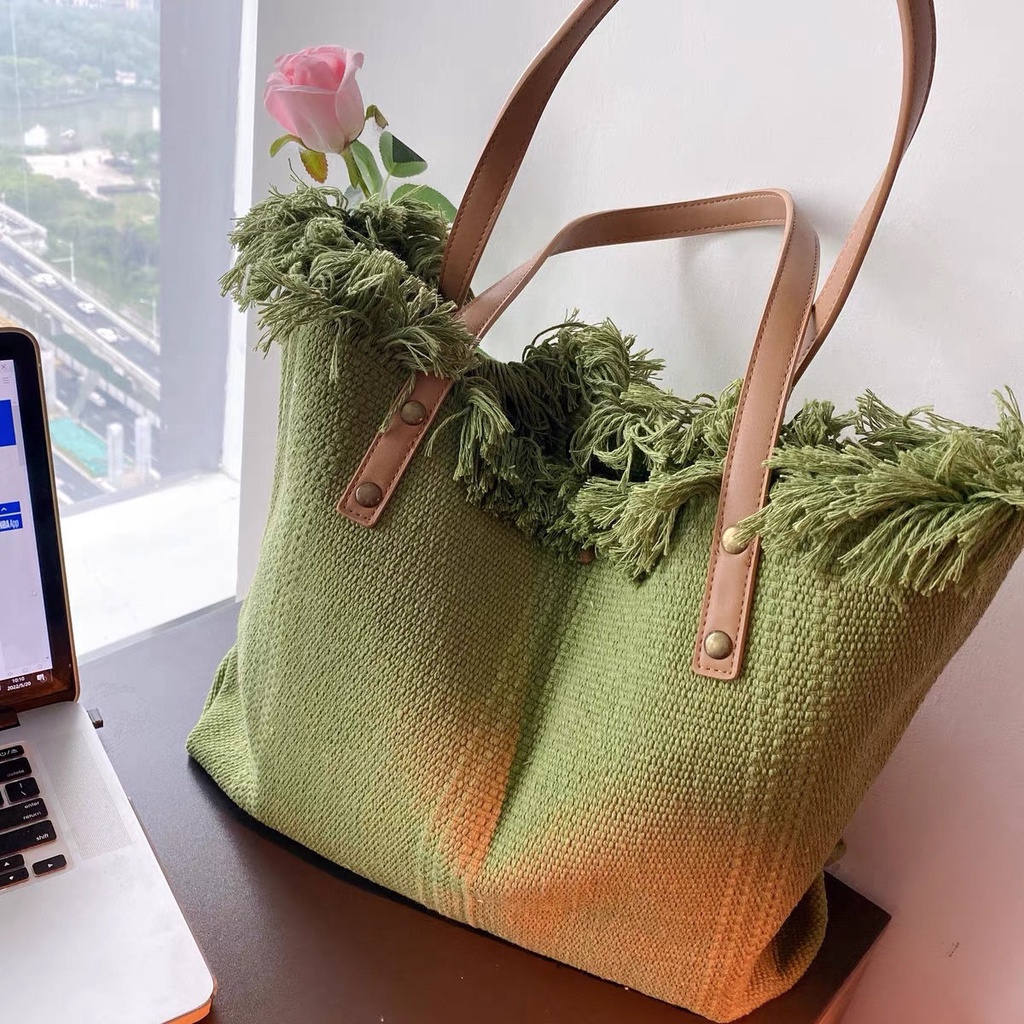 Olive Green!Túi Xách Canvas Cỡ Lớn Thêu Chữ Phong Cách Nhật Hàn