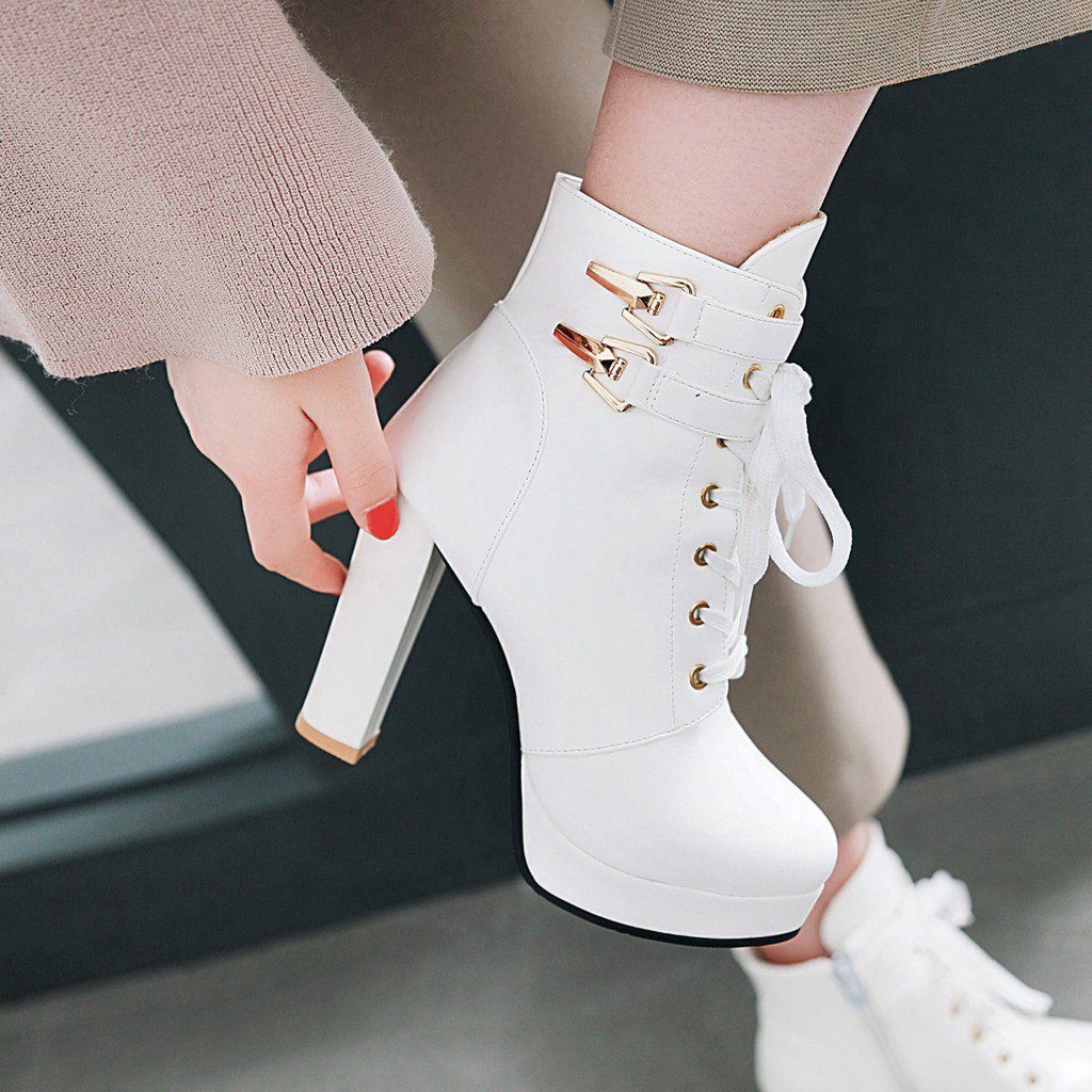 Giày Bốt Martin Cao Gót Cổ Cao Đến Mắt Cá Màu Hồng Phối Khóa size Lớn 33-43 Phong Cách Anh Quốc Thời Trang Thu Đông