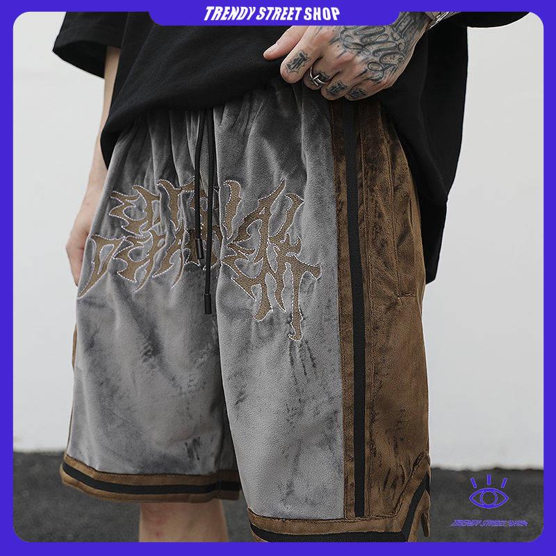 Quần đùi cotton thêu họa tiết màu sắc tương phản phong cách Mỹ hip hop thể thao mới thời trang dành cho nam