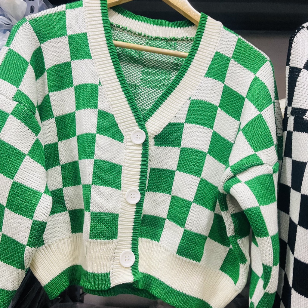 Áo khoác cardigan len dáng rộng croptop kẻ caro phong cách Hàn Quốc trẻ trung chất len mềm mịn