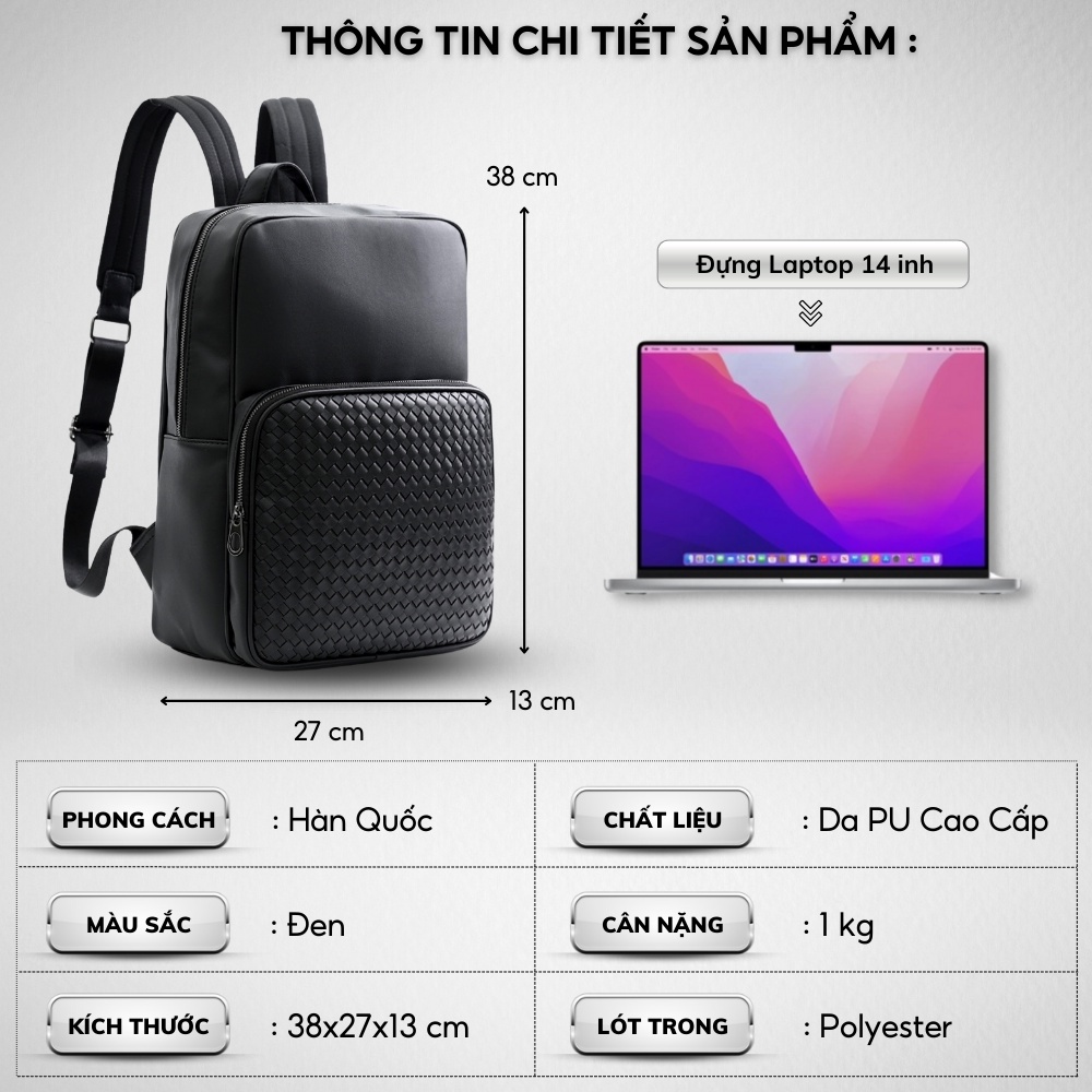 Balo da thời trang nam nữ ,da PU Cao Cấp,Ba lô đựng Laptop 14 inh -Chống thấm nước, Kiểu dáng trẻ trung, cá tính - 𝑰𝑩𝑨𝑮