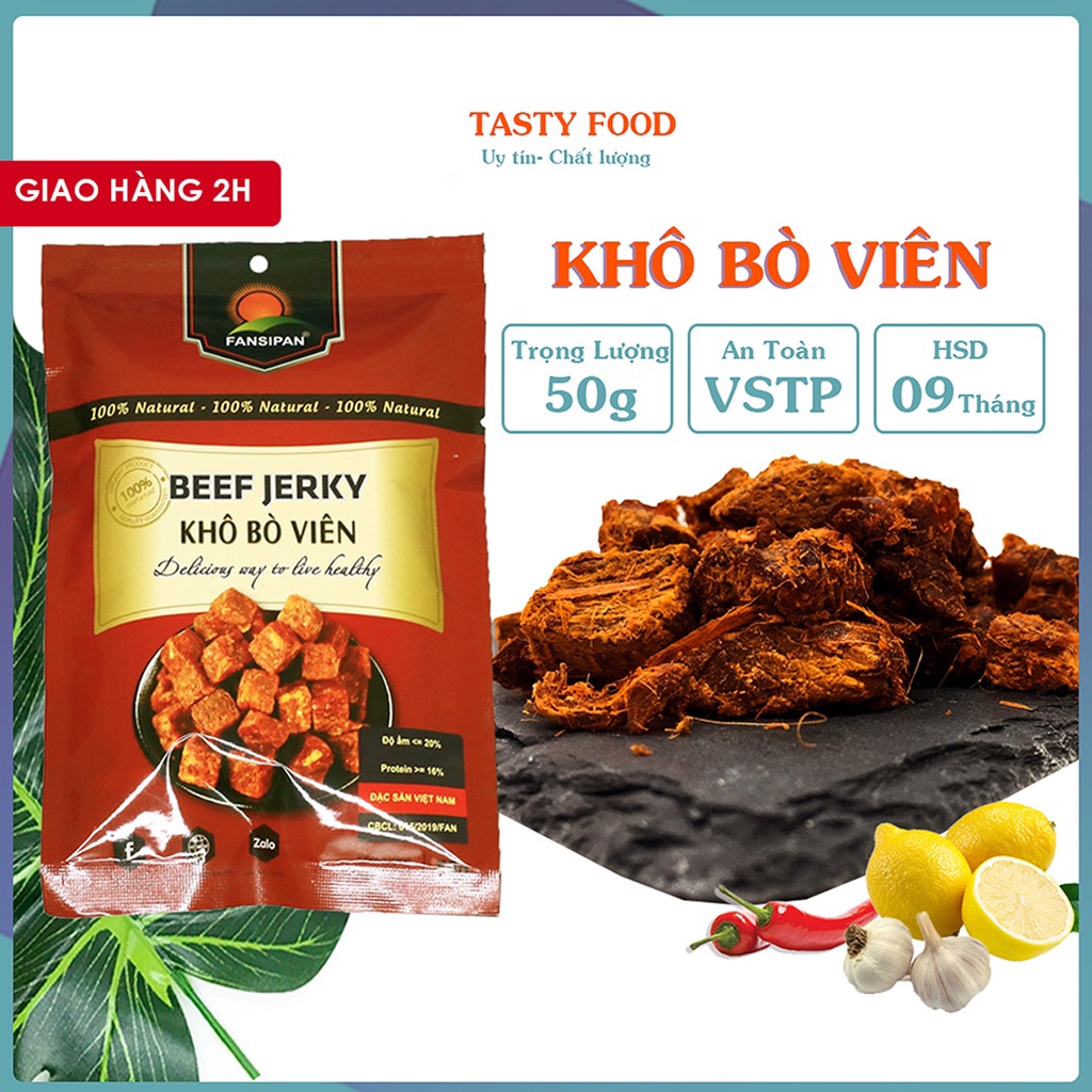 KHÔ BÒ VIÊN Fansipan thượng hạng gói 50g, khô bò cục ,bò khô đảm bảo vệ sinh an toàn thực phẩm Tasty Food