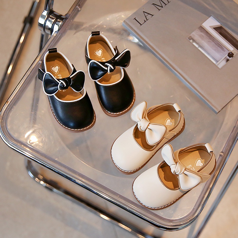 Giày Búp Bê Da Đế Mềm Chống Trượt Đính Nơ Phong Cách Vintage Cho Bé Gái 2-12 Tuổi