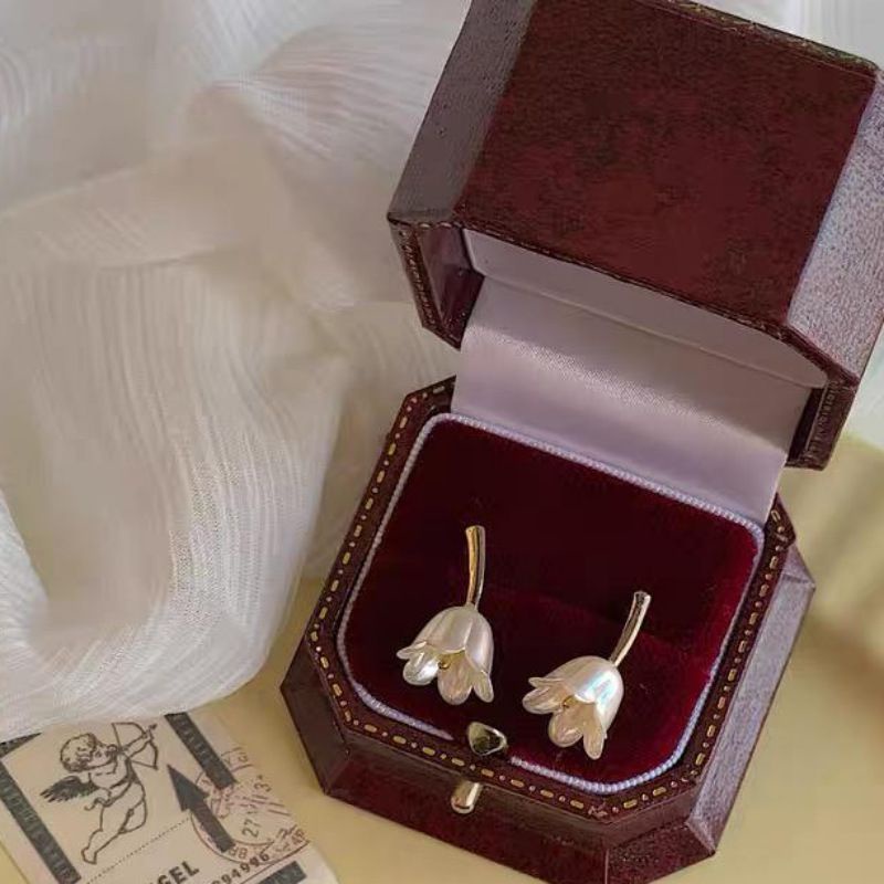 Bông tai bạc S925 - Khuyên tai nữ bạc Ý hình Hoa Tulip phong cách vintage, cổ điển sang trọng ZAZA accessories KT8083