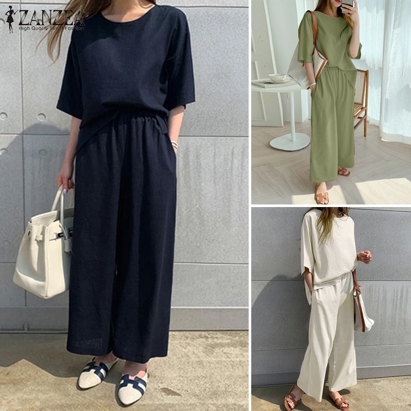 Set đồ Zanzea gồm áo thun tay lửng dáng rộng + quần dài lưng thun thời trang Hàn cho nữ