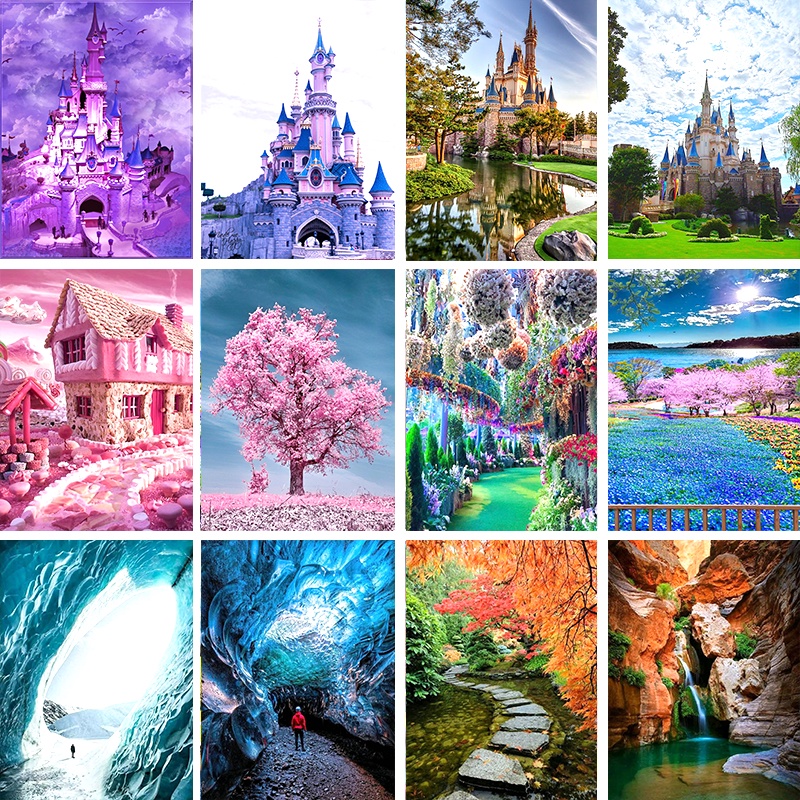 Bộ Tranh Sơn Dầu Trang Trí Tự Làm Hình Lâu Đài Và Hoa 40*50CM