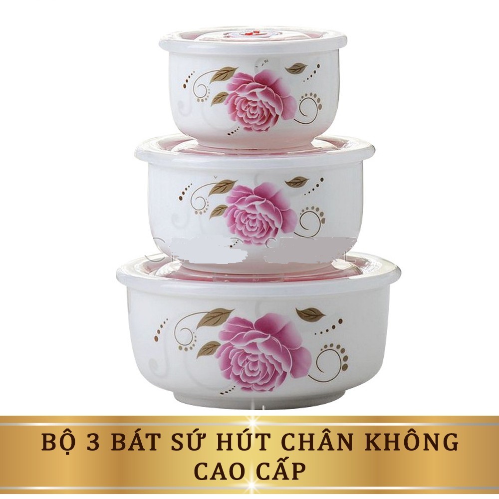 Bộ 3 Bát Sứ Có Nắp Hút Chân Không Đựng Thực Phẩm Trong Tủ Lạnh, Lò Vi Sóng, An Toàn Tiện Lợi