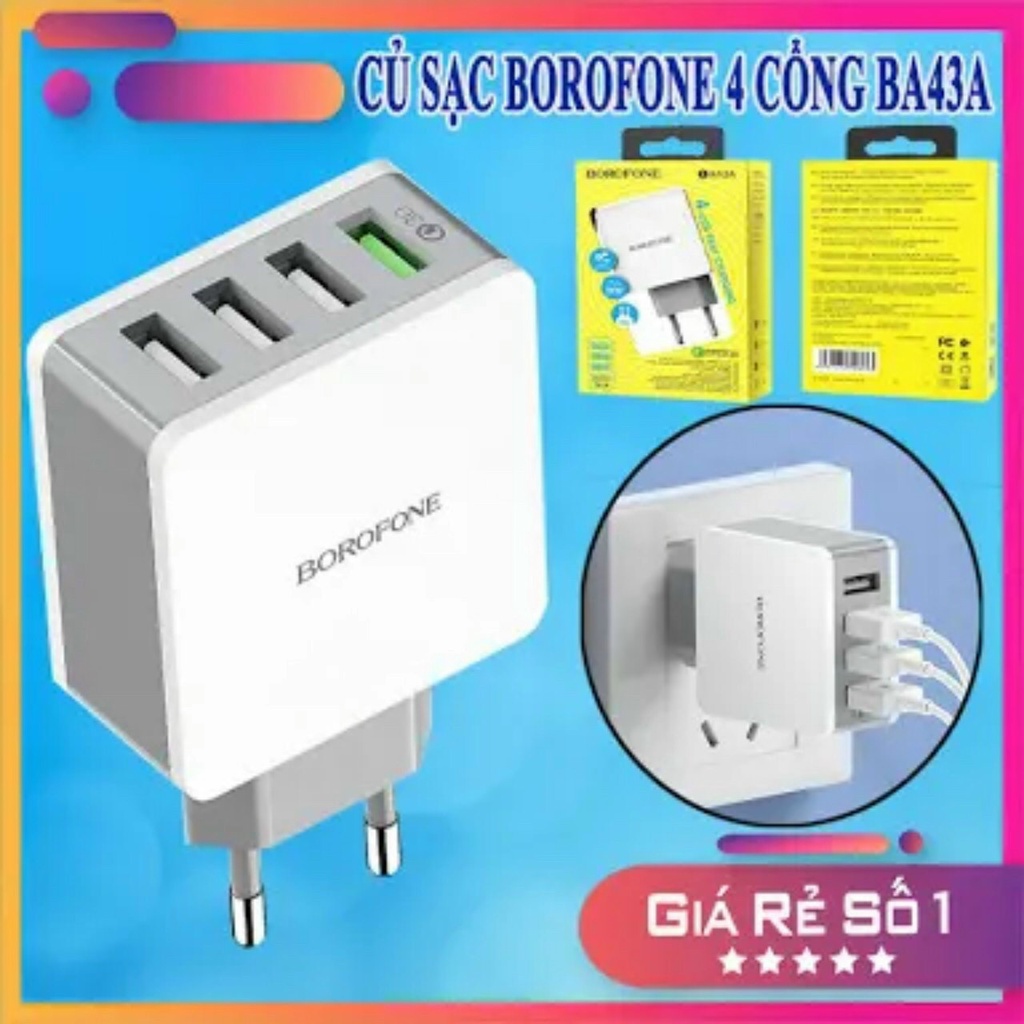 Củ Sạc Nhanh 3.0 Borofone BA43A - 4 cổng Output có thể sạc 4 thiết bị cùng lúc. Hàng chính hãng màu trắng. BH 6 tháng.