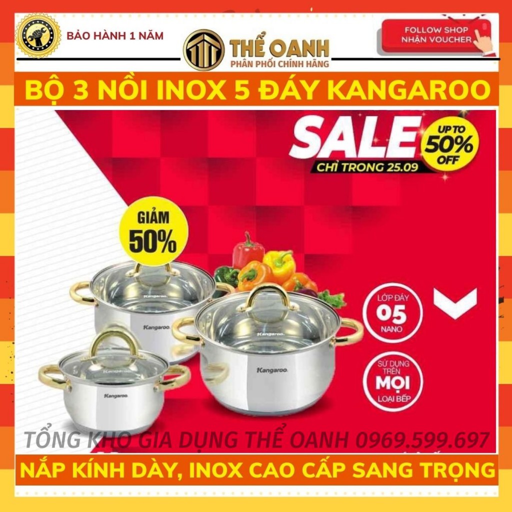 Bộ 3 nồi inox cao cấp 5 lớp Kangaroo KG866