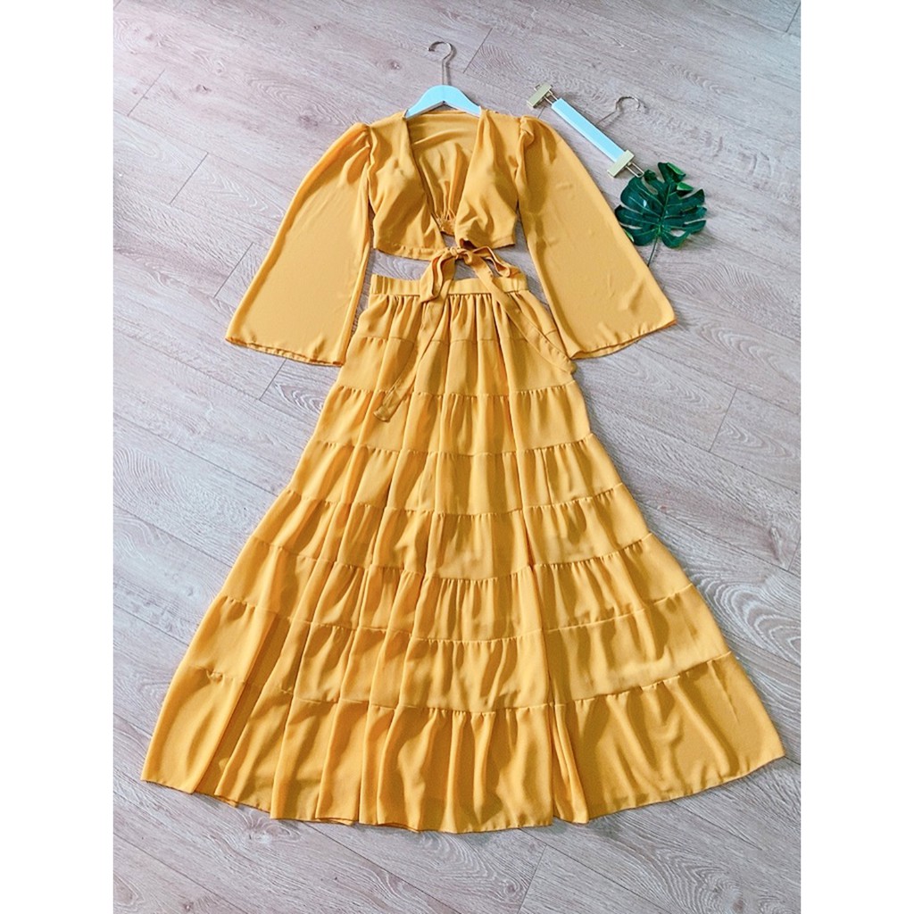Set váy maxi tay loe nhíu tầng chụp hình sống ảo phong cách thời trang XUKA-DRESS MT037