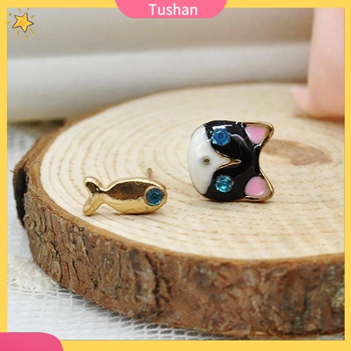 1 Đôi Bông Tai Hình Mèo Và Cá Đính Đá Đáng Yêu Cho Nữ