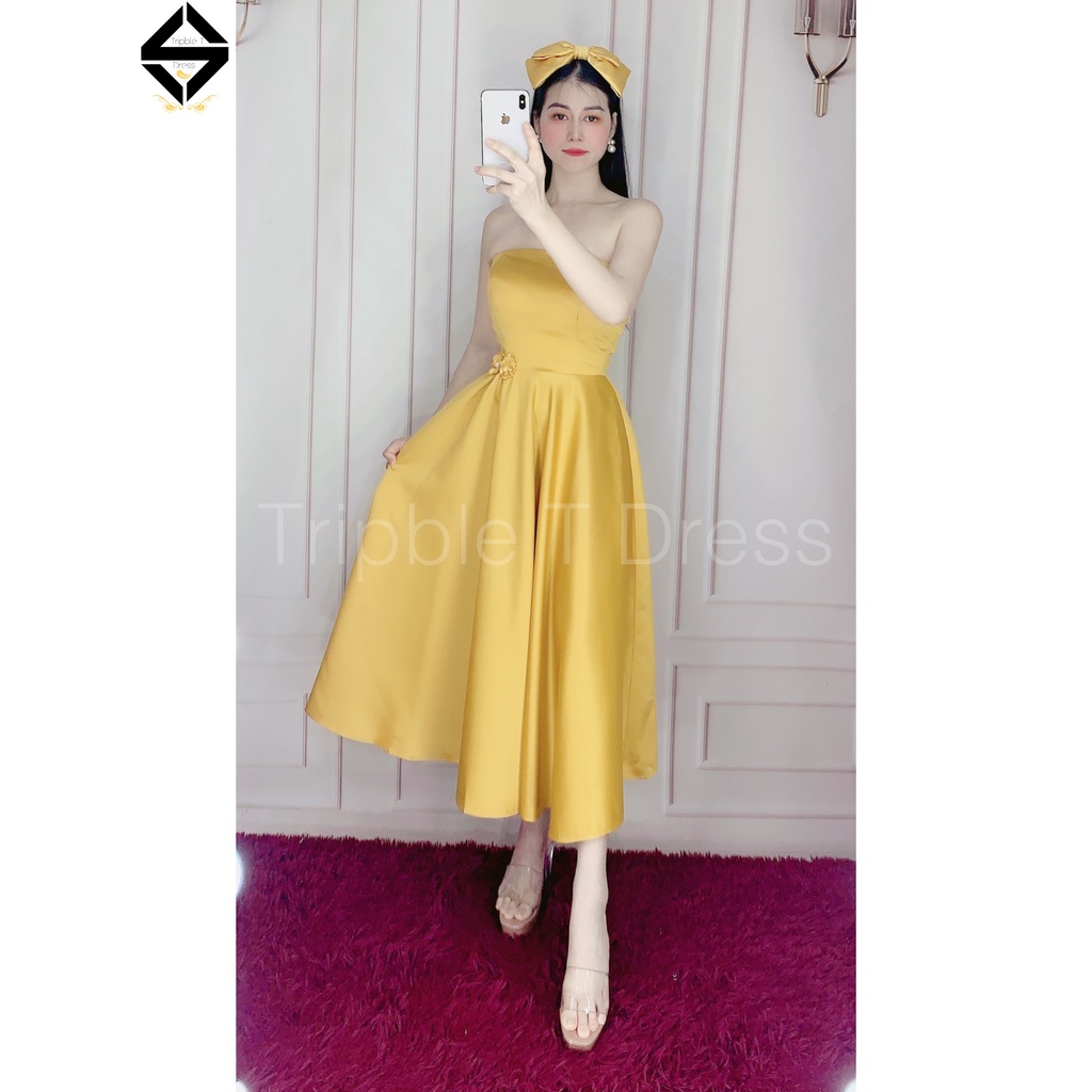 Đầm xoè cúp ngực phối hoa eo chất lụa taffeta sang trọng TRIBLE T DRESS - size M/L - MS241V