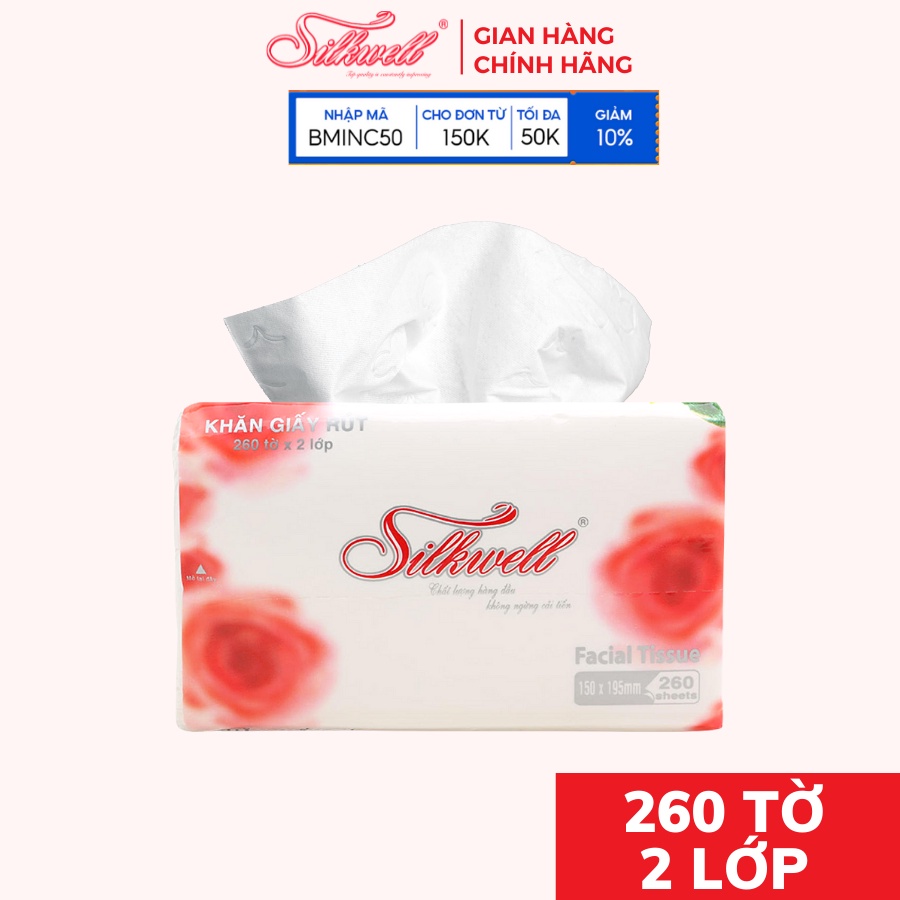 Khăn Giấy ăn rút lụa Silkwell hoa hồng 260 tờ khổ 150 du lịch tiện dụng siêu mềm mịn, không tẩy trắng