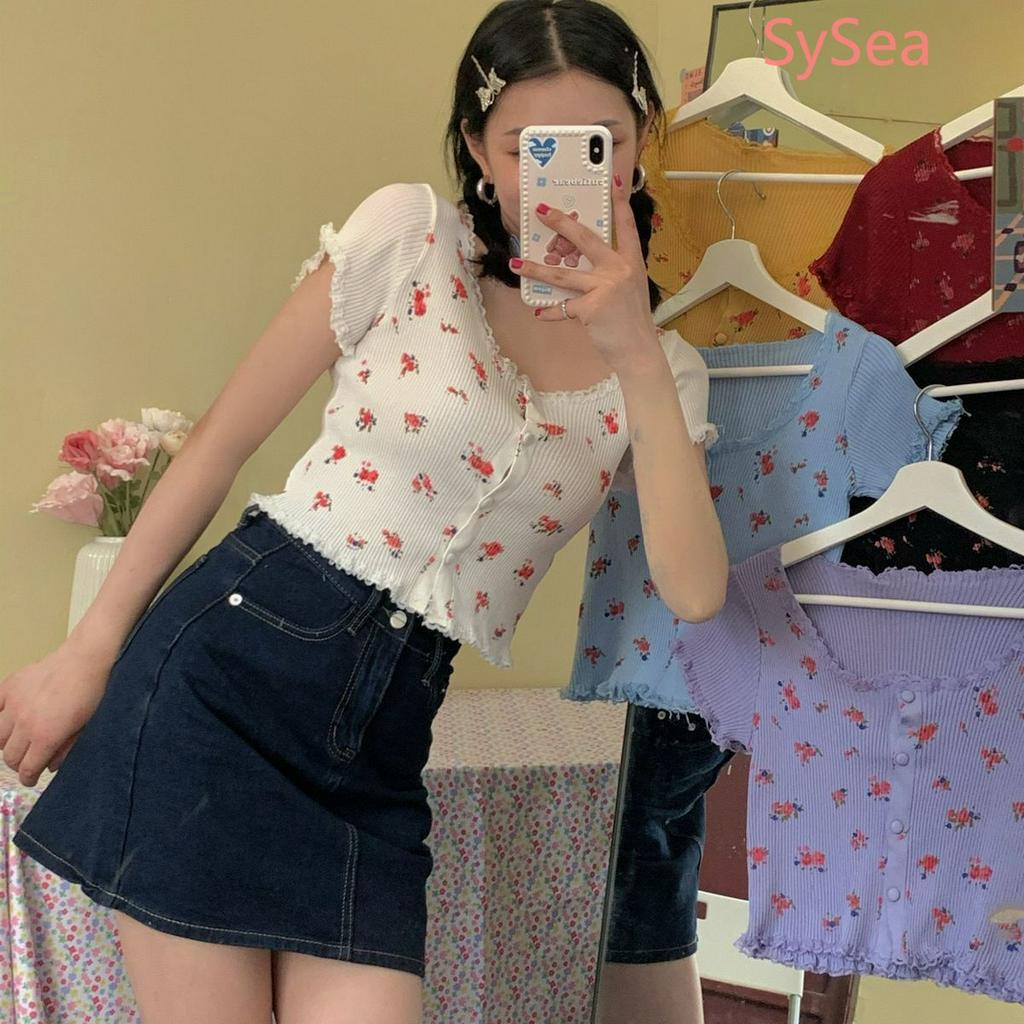 Áo croptop tay ngắn hoạ tiết hoa thời trang mùa hè