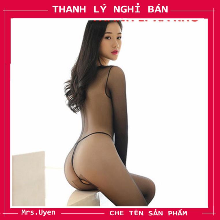 Bộ ngủ body da dài tay bó sát sexy [bst679] Bodystocing liền thân, bodysuit ren liền tất