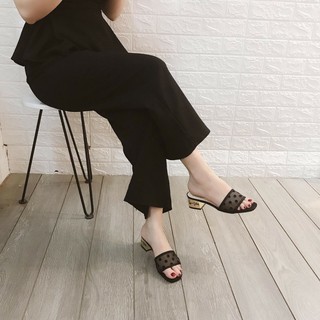 Dép cao gót 5p quai lưới chấm bi gót vàng chữ ký siêu hot