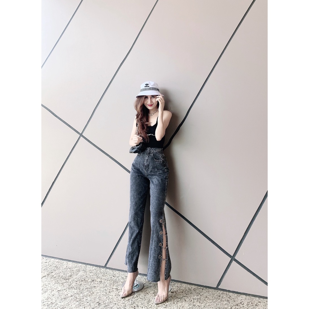 [TH Jeans] Quần jeans dài dáng suông, quần bò nữ lưng cao túi chéo ống xẻ phối xích 2 bên. Mã D0170