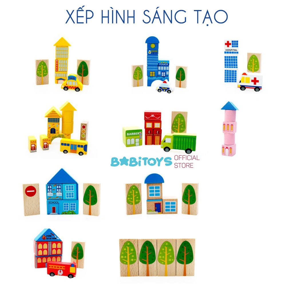 Bộ đồ chơi xếp hình khối gỗ 62 chi tiết, 100 chi tiết gỗ in hình xếp mô hình thành phố có hộp cho bé thỏa sức sáng tạo