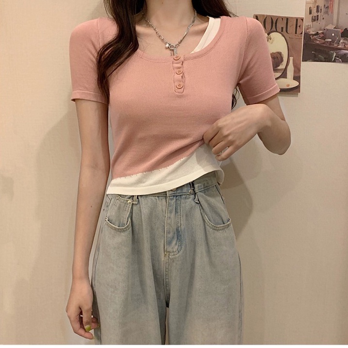 【ZHELIHANGFEI】 Áo Thun Dệt Kim Mỏng Tay Ngắn Dáng Ôm Giả Hai Lớp Thời Trang Mùa Hè Bán Chạy Cho Nữ