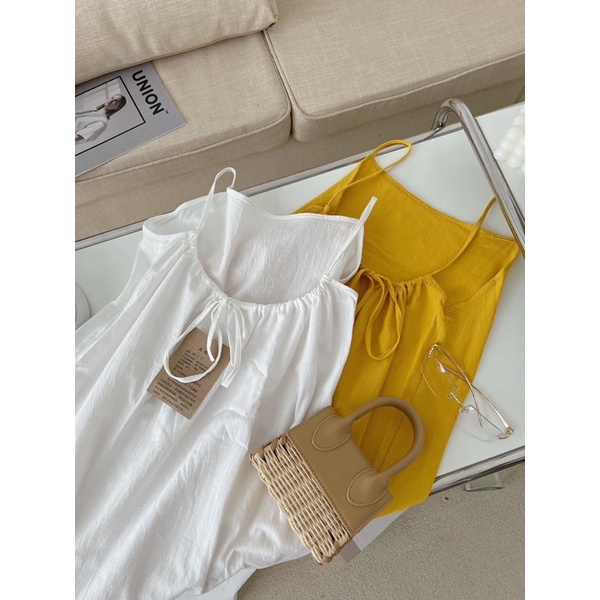 Đầm 2 dây ĐŨI THÔ buộc dây lưng dáng dài maxi mùa hè 2 màu vàng, trắng (Ảnh cận chất)