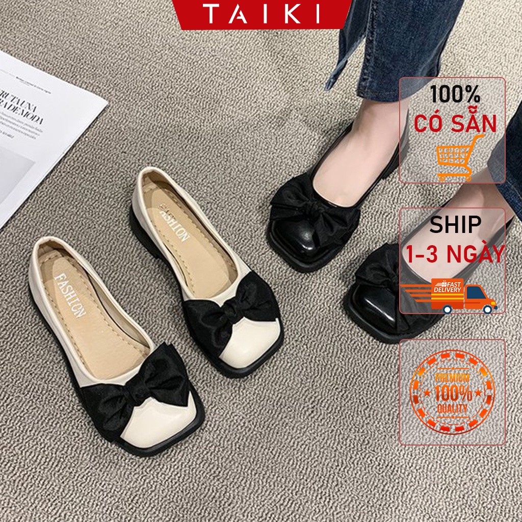 Giày lười nữ nơ đen mũi vuông Taiki