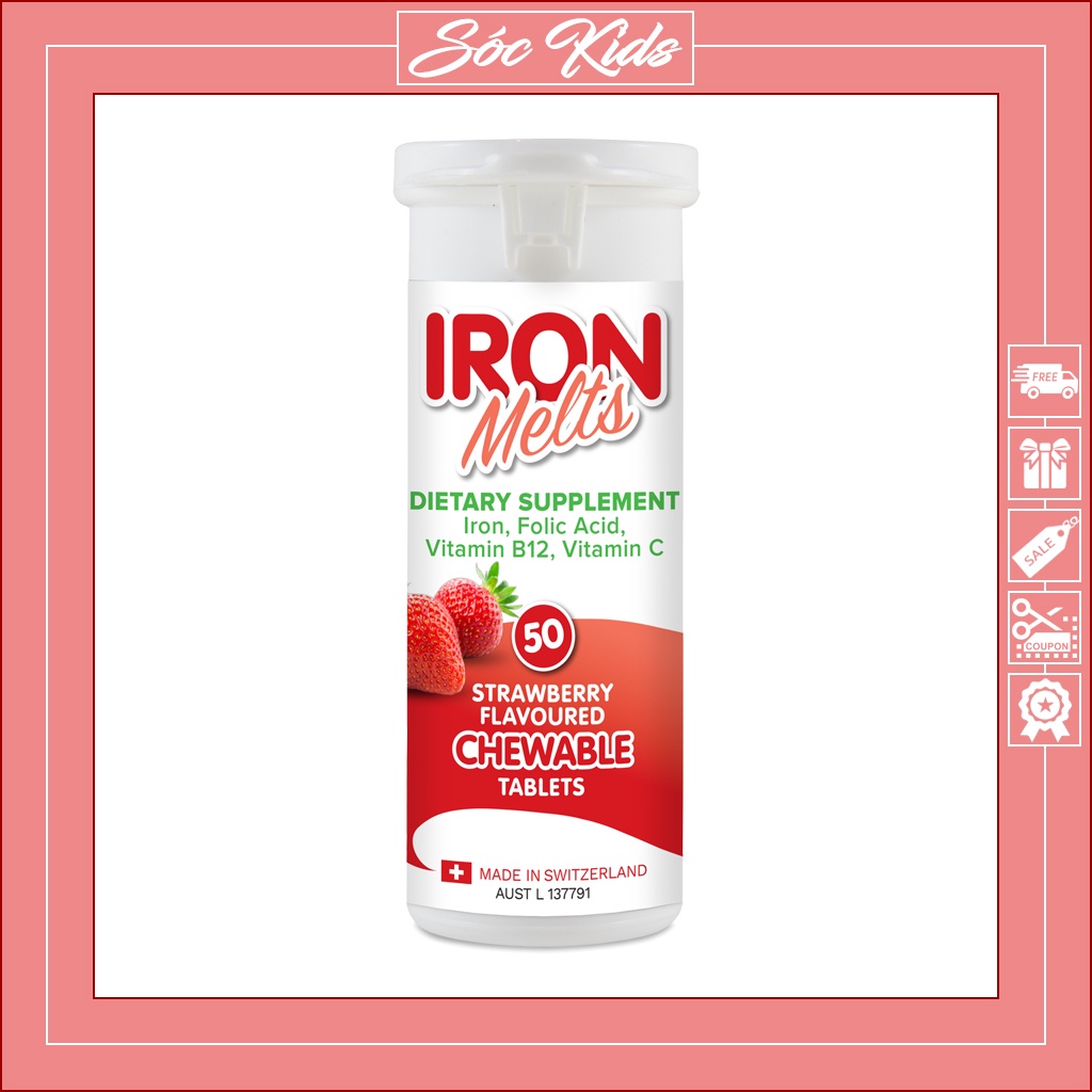 Sắt Ngậm Iron Melts Bổ Máu Kèm Vitamin C, B12, Axit Folic - CHUẨN ÚC | DATE 2024 | MẪU MỚI | HỘP 50 VIÊN | SÓC KIDS